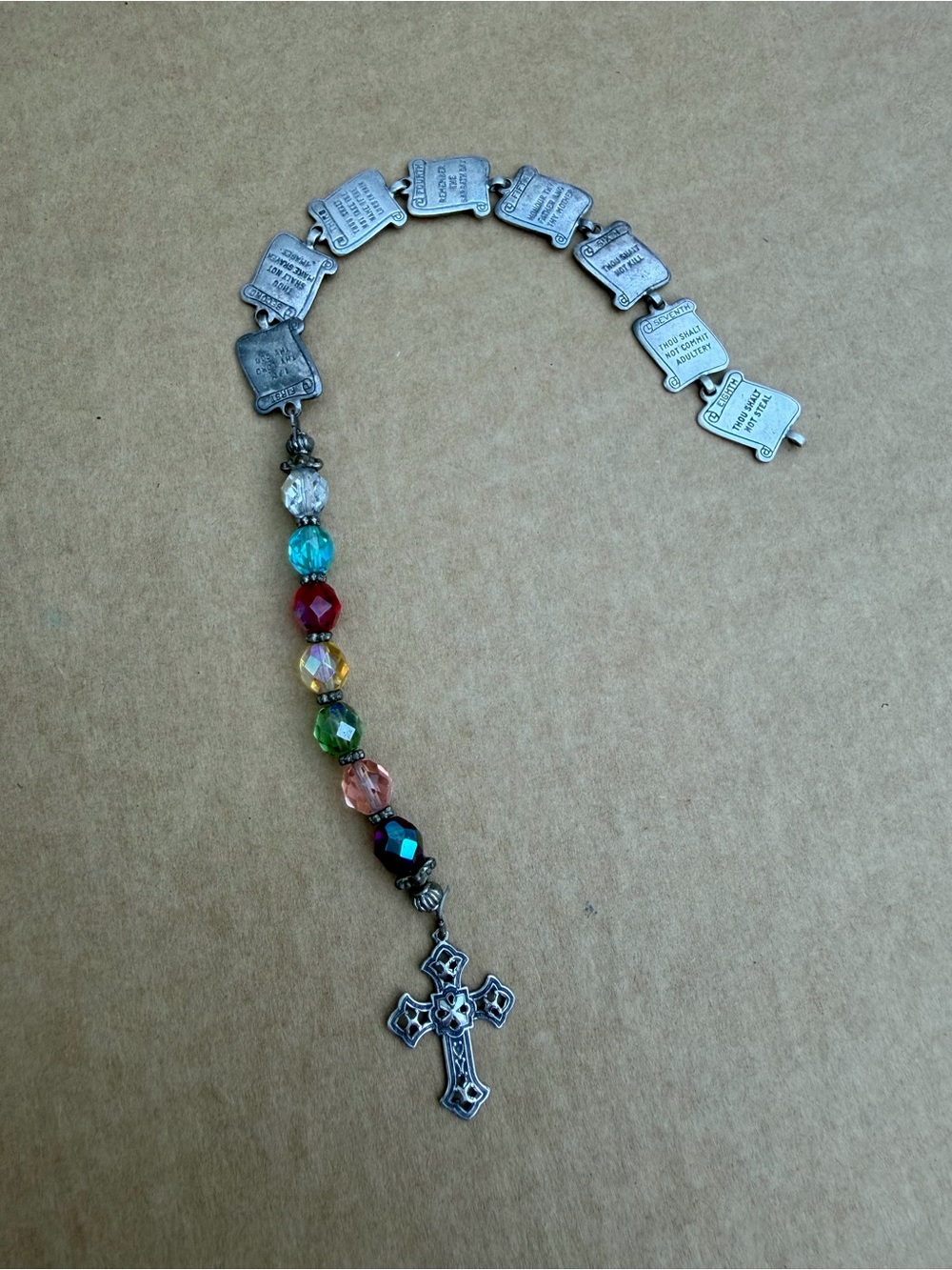 Vintage 1960s-80s Ten Commandments Bracelet Cross Faceted Beads Silver Tone